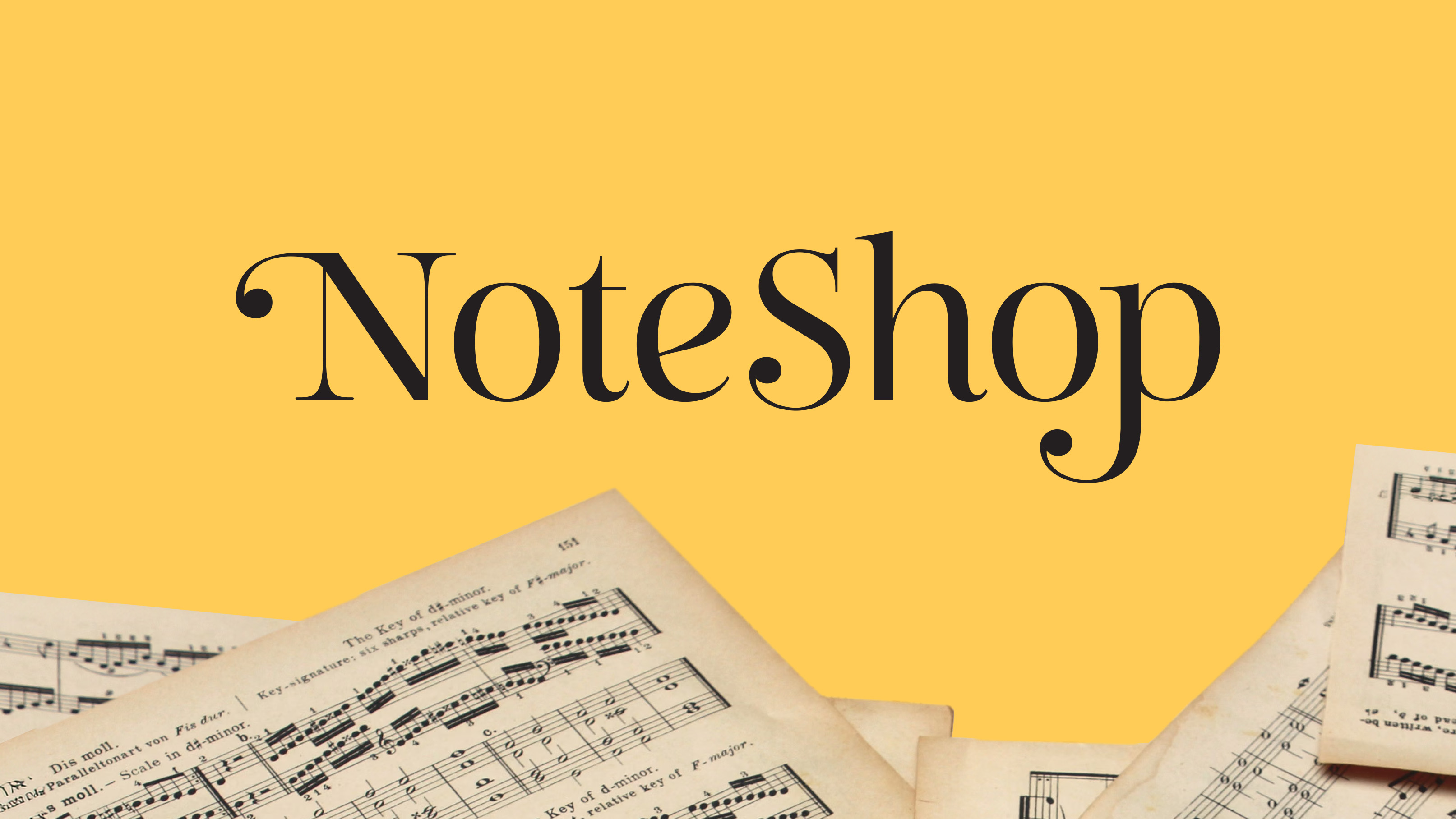 Noteshop Bildegrafikk av Noteshops logo på gul bakgrunn. Eldre ark med noter dekker nedre del av motivet.