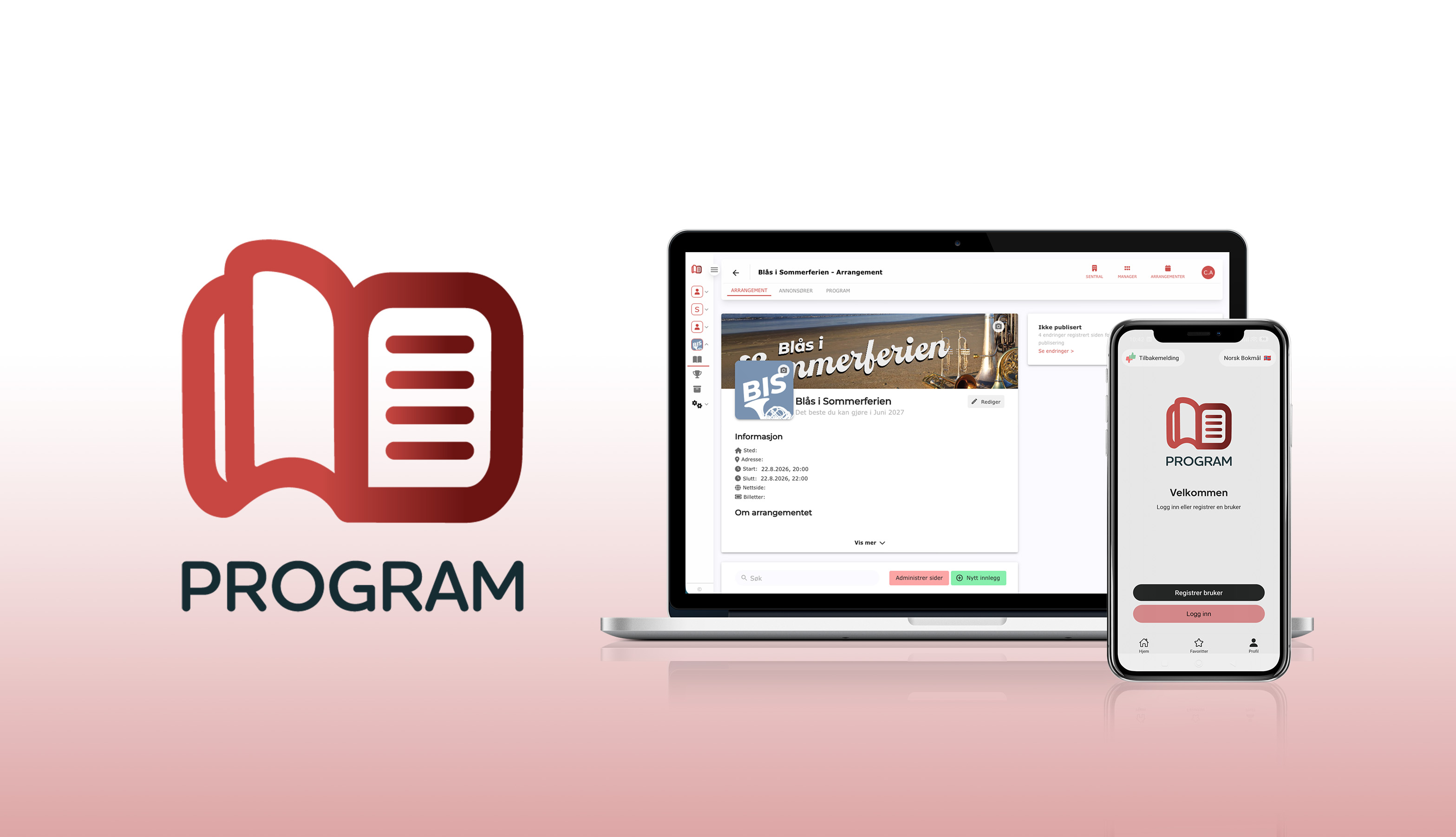 Program.no Bildegrafikk av Program.no sin logo ved siden av PC og mobiltelefon som bruker tjenesten